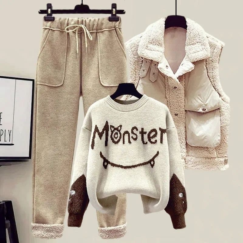 Plus Size Women's Fall Winter Set 2021 New Style Faux Shearling Vest Slimming Knit Sweater Casual Pants 3-Piece Outfit