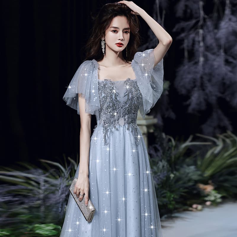 2026 New Women's Evening Gown Square Neck Long Dress for Banquet, Hosting, Light Blue Bridesmaid Dress Slimming for Petite