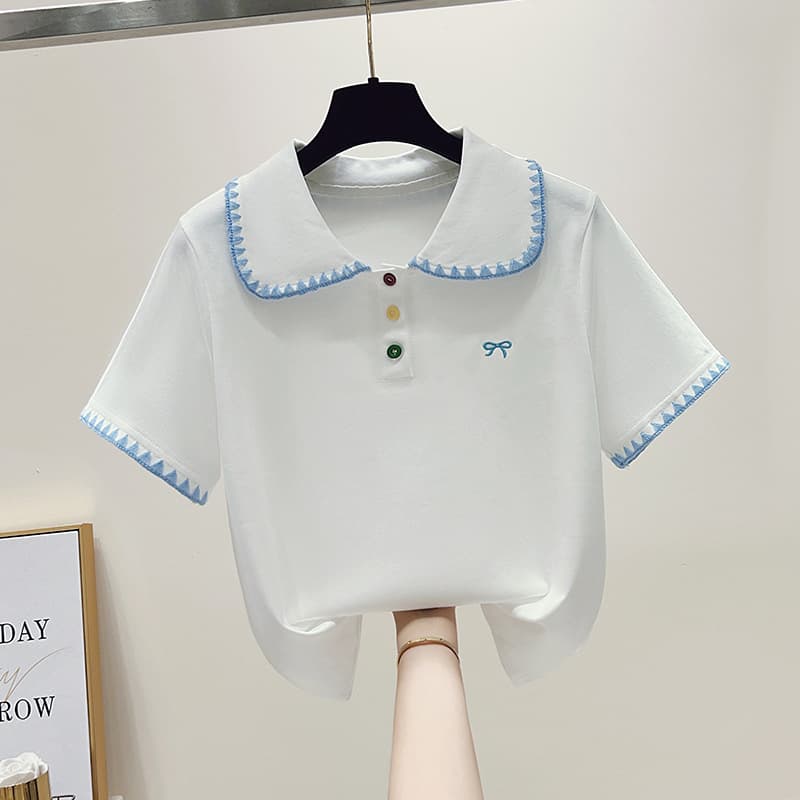 Doll Collar Polo Short Sleeve T-Shirt Women's Summer 2025 New Junior High and High School Student Casual Versatile Embroidered Top
