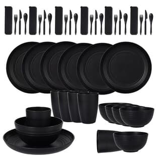 Cross-Border Supply Wheat Straw Bowl Plate Set Black Tableware Outdoor Portable Tableware Plate Rice Bowl Drinking Cup