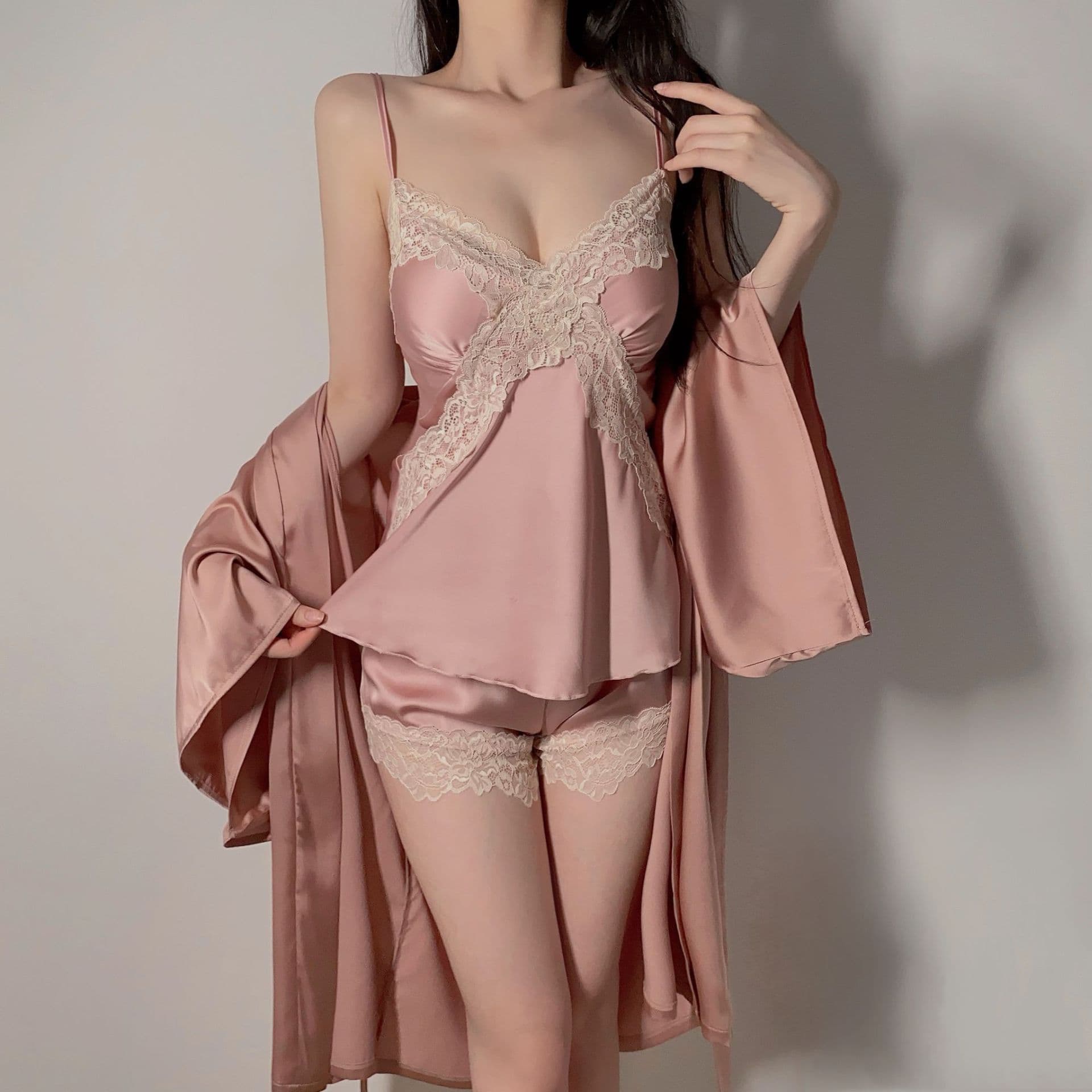 Cross-border 2024 New Robe Three-piece Set Satin Ice Silk Camisole Shorts Sexy Pajamas Women Lace Pure Desire Home
