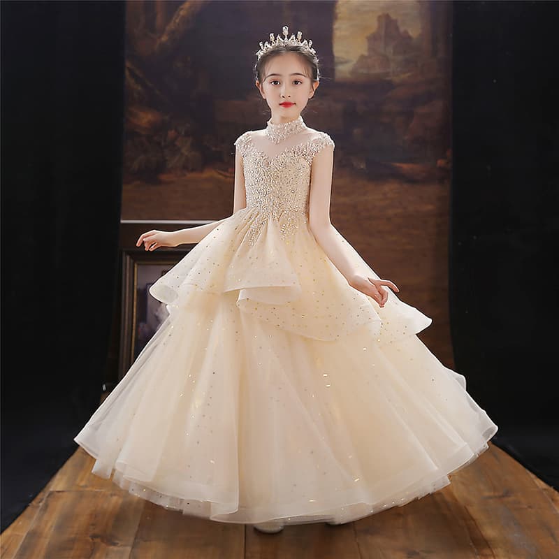 Girls Princess Dress Tutu Tulle Flower Girl Piano Performance Children's French Birthday Host Evening Gown