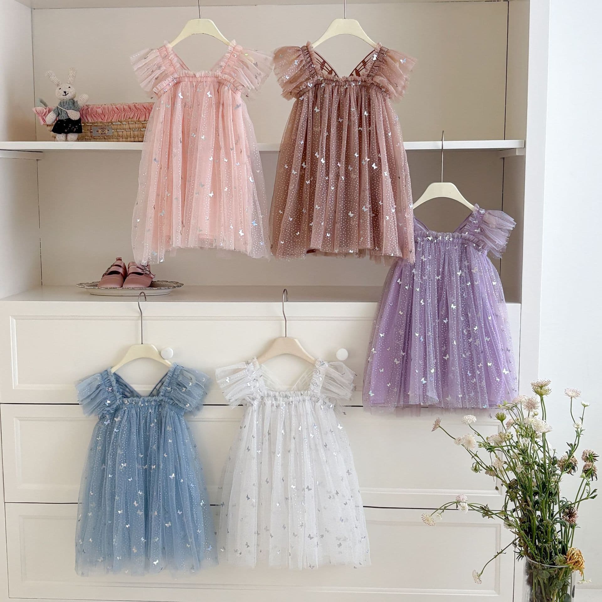 Girls Mesh Butterfly Dress Summer New Princess Dress Strapless Tutu Dress Children Fashionable Dress