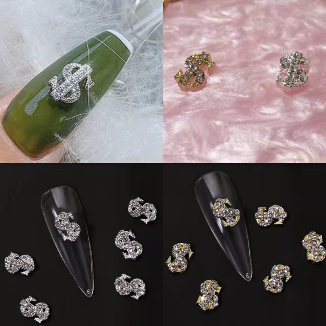Cross-border New Nail Art Jewelry Gold and Silver Dollar Coin Symbol Nail Sticker Alloy Full Diamond Three-dimensional Dollar Jewelry