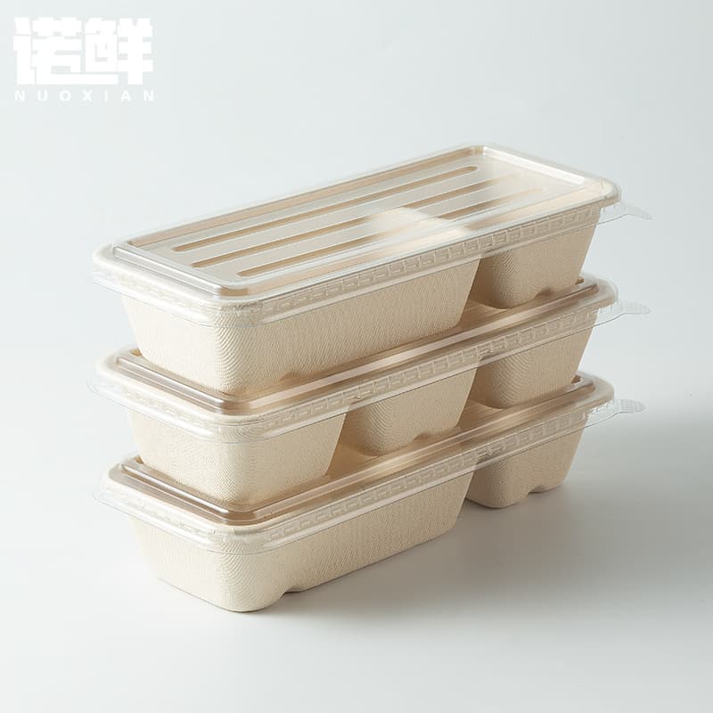 Disposable Meal Box Two-Compartment Three-Compartment Sushi Box Pulp Fresh-Keeping Box Eco-Friendly Biodegradable Japanese-Style Long Strip Three-Compartment Meal Box