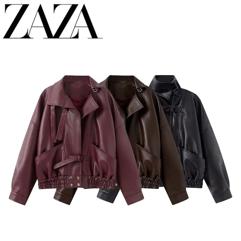 ZAZA homemade European and American style wholesale women's clothing, fashionable and versatile, casual, imitation leather long-sleeved jacket with stand-up collar