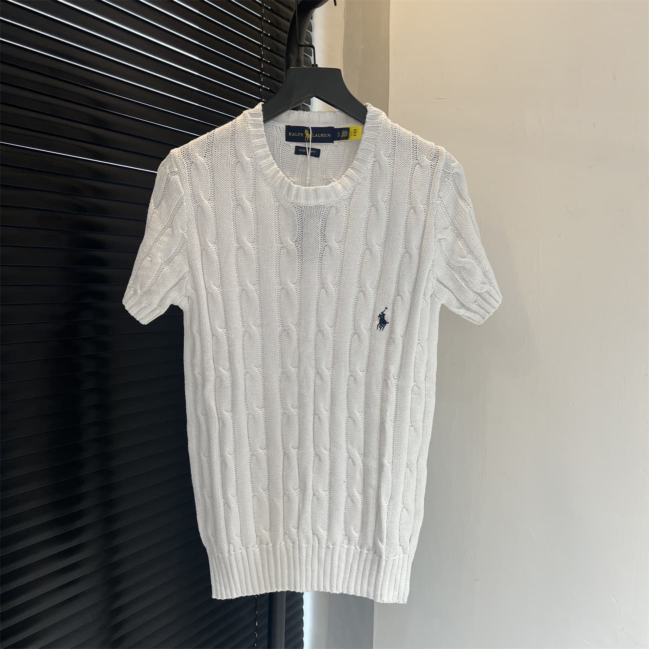 26 High-Quality Scan Code Laff Ma Label Embroidered Round Neck Cable Knit Cotton Sweater Short Sleeve Women's Fitted Top for Petite