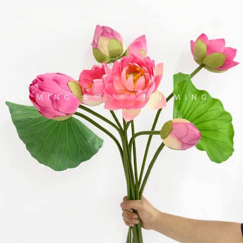 Chinese-style artificial lotus flowers, lotus leaves, and lotus pods for living room coffee table, desktop, Buddha offering, single stem artificial lotus flower