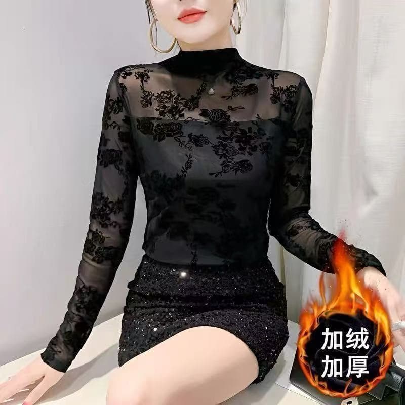 New Autumn/Winter Black Lace Flocked Base Top, Stylish and Versatile Half High Neck, Long Sleeve Mesh Top with Fleece Lining