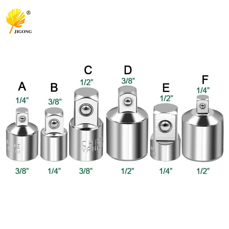 Socket adapter for ratchet wrench, 1/2 large drive to 3/8 medium drive to 1/4 small drive CR-V chrome vanadium steel.