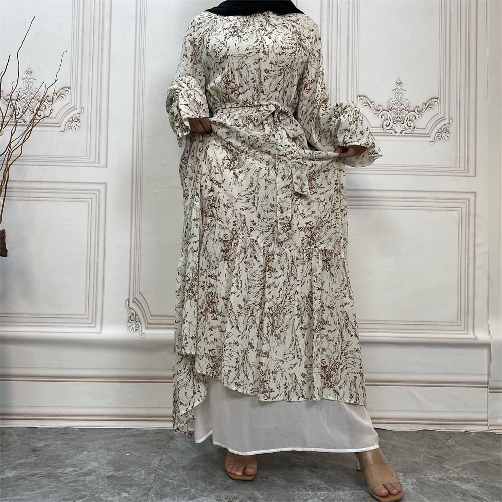 New Fashionable Chiffon Dress Muslin Printing Flare Sleeves Inner Lining 6434 Model Women's Tops
