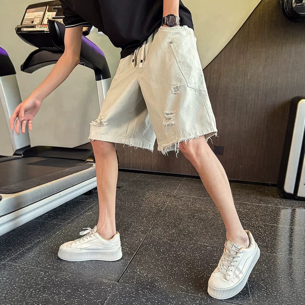 Ripped denim shorts men's summer trendy brand five-point pants handsome trendy casual large pants 2026 new style medium pants