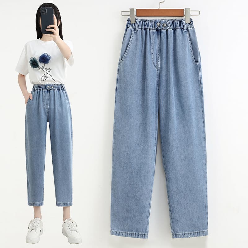 Real shot of Tencel denim nine-point pants for women summer thin new style ice silk ultra-thin large size women's pants casual harem pants