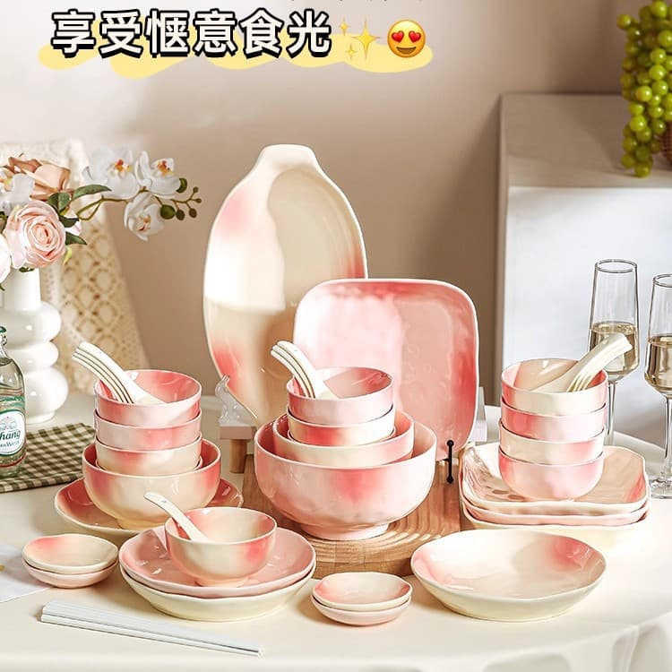 High-Aesthetic Plate Set 2025 New Ceramic Bowls and Dishes Pink Tableware Beautiful Plates Deep Dish Fruit Plate