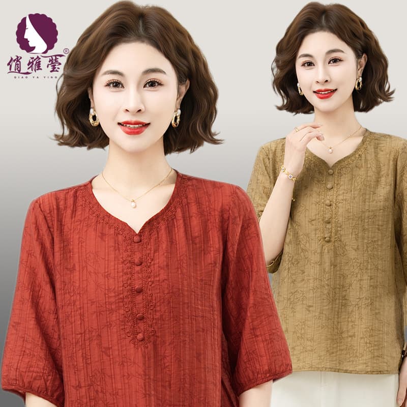 2026 summer new style jacquard shirt mid-sleeve T-shirt middle-aged and elderly women's tops mother's wear breathable large size shirts