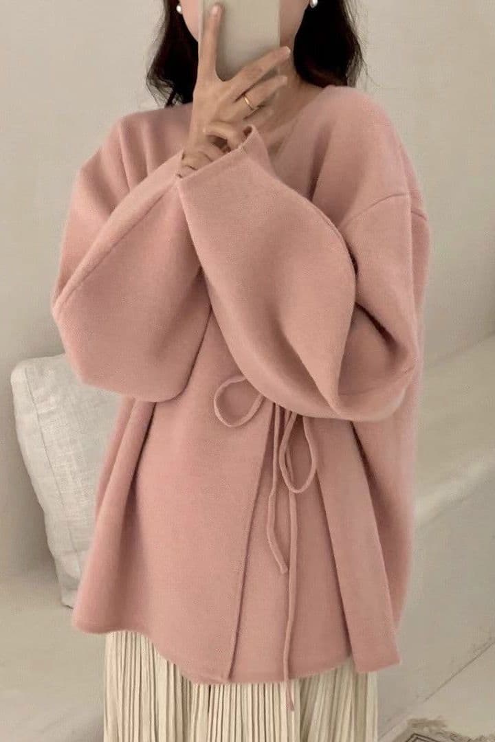 Designer Pink Cardigan Sweater for Women, New Fall/Winter Thick Loose Relaxed Style with Tie Belt Knitwear