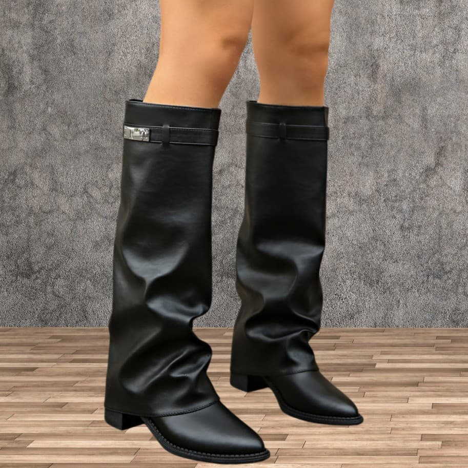 Plus Size Women's Long Boots with Metal Buckle and Pleated Design, Chunky Heel, European and American Style, Slimming Leg Boots
