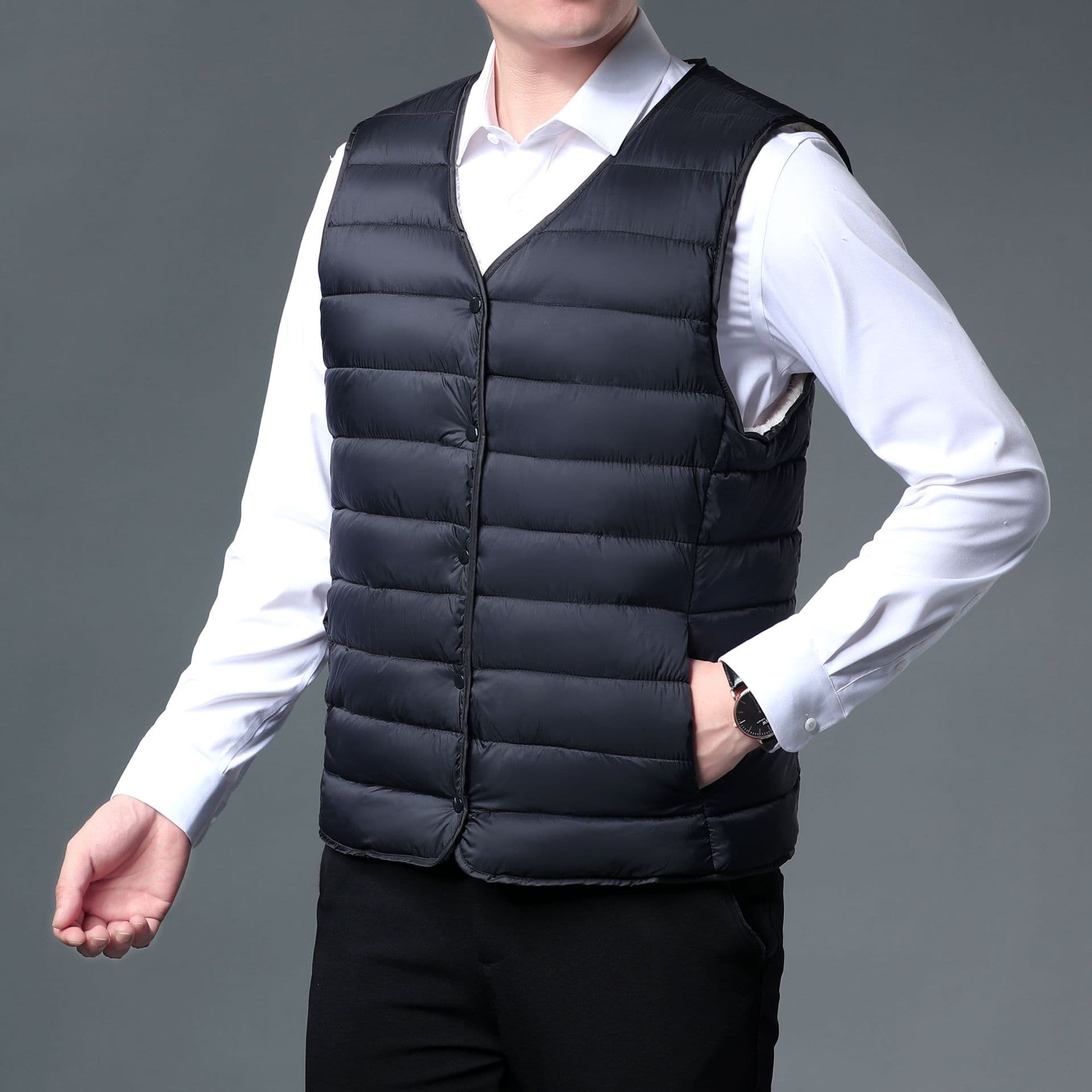 Autumn/Winter Fleece-Lined Lightweight Down Cotton Vest Men's Short Slim Waistcoat Large Size Thin Inner/Outer Wear Vest