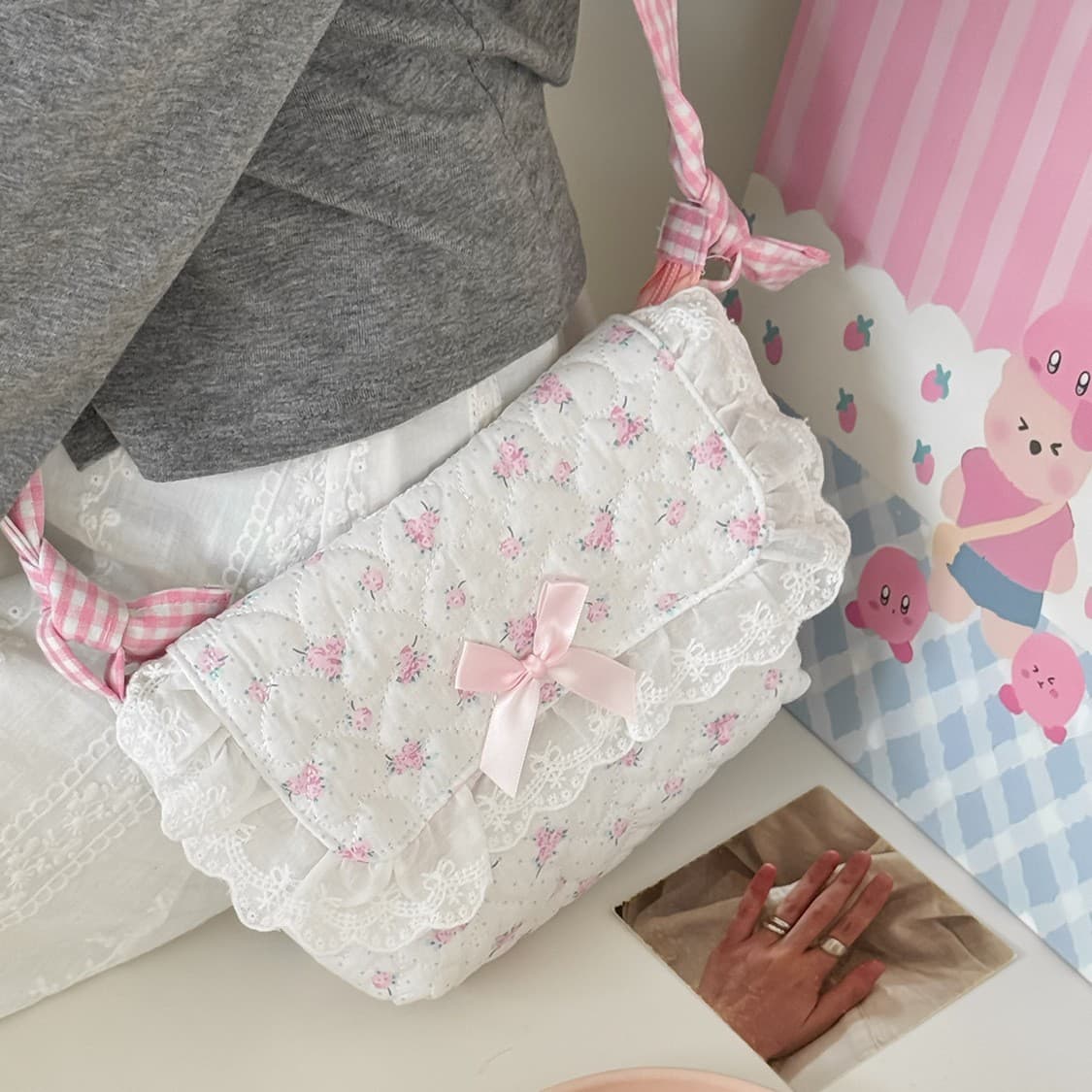 Small fresh and sweet girly pink rose sweetheart cross-body bag love quilted cosmetic bag lace storage bag