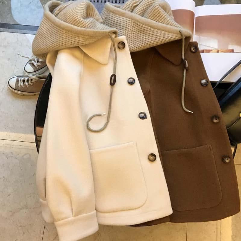 Short Hooded Wool Coat for Women Autumn Winter Woolen Coat Plus Size Loose Faux Two-Piece Solid Color Outerwear