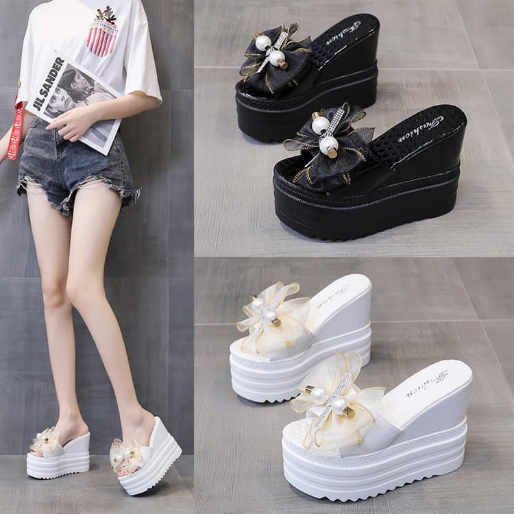 Summer New Style Wedge Heel Platform Open Toe Sandals with Pearl One-Strap Design