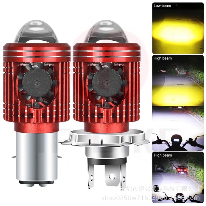 Cross-border H4 Double-clawed Bright Motorcycle Wide-pressure Led Large Light Fish-eye Lens Fan Nozzle Dual-color Motorcycle