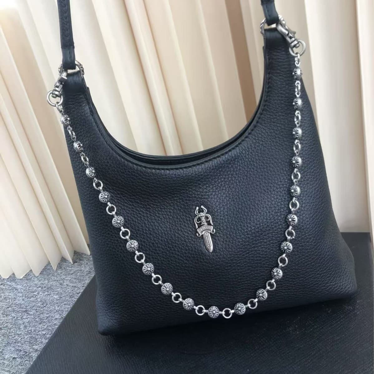 Celebrity-style Genuine Leather Vivi Round-Toe Cowhide Shoulder Bag Dark Punk Style Women's Bag Trendy Dog Tooth Fashion Versatile