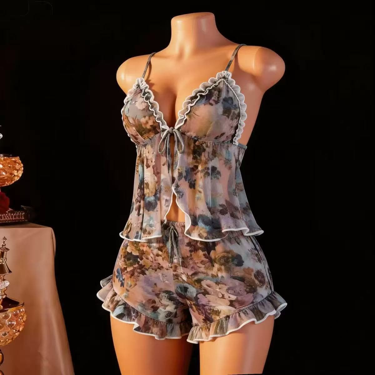 EU/US Cross-border Mesh Printed Floral Dress Sleepwear Pajama Set Two-Piece Pants Set Lingerie Export Women