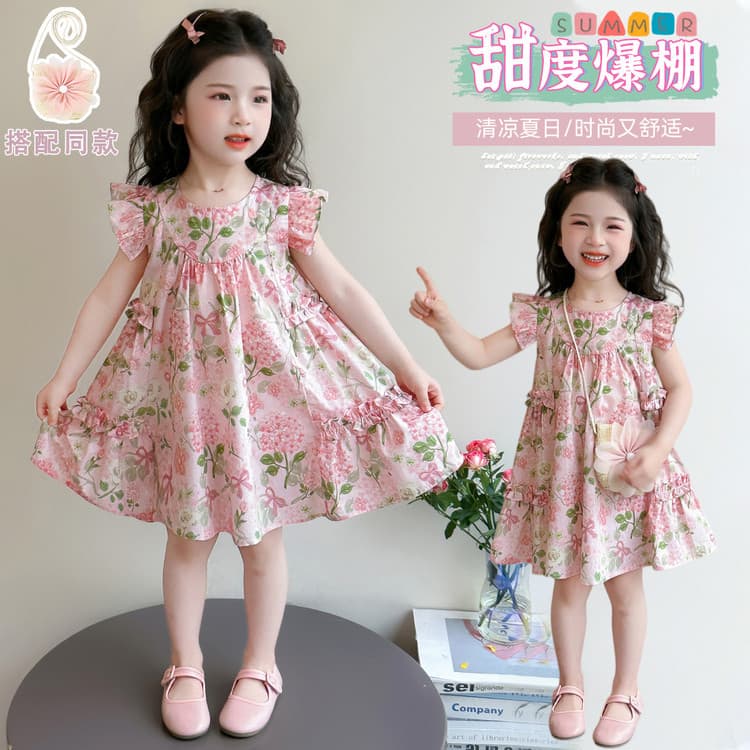 Girls Summer Dress 2026 New Pink Floral Sleeveless Dress Fashion Sweet Floral Print Dress