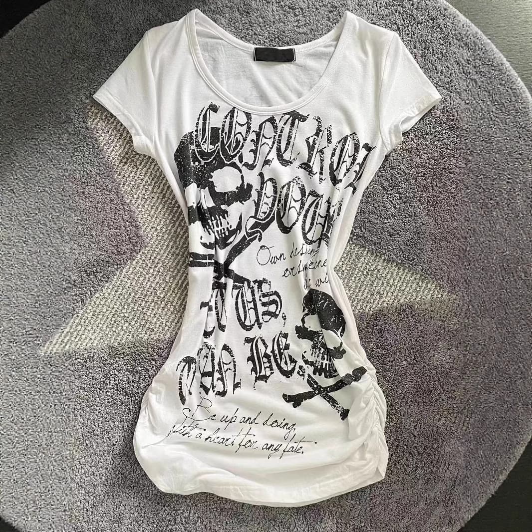 Vintage Punk Rock Short Sleeve Fitted Top with Skull Print, Black, Retro American Style