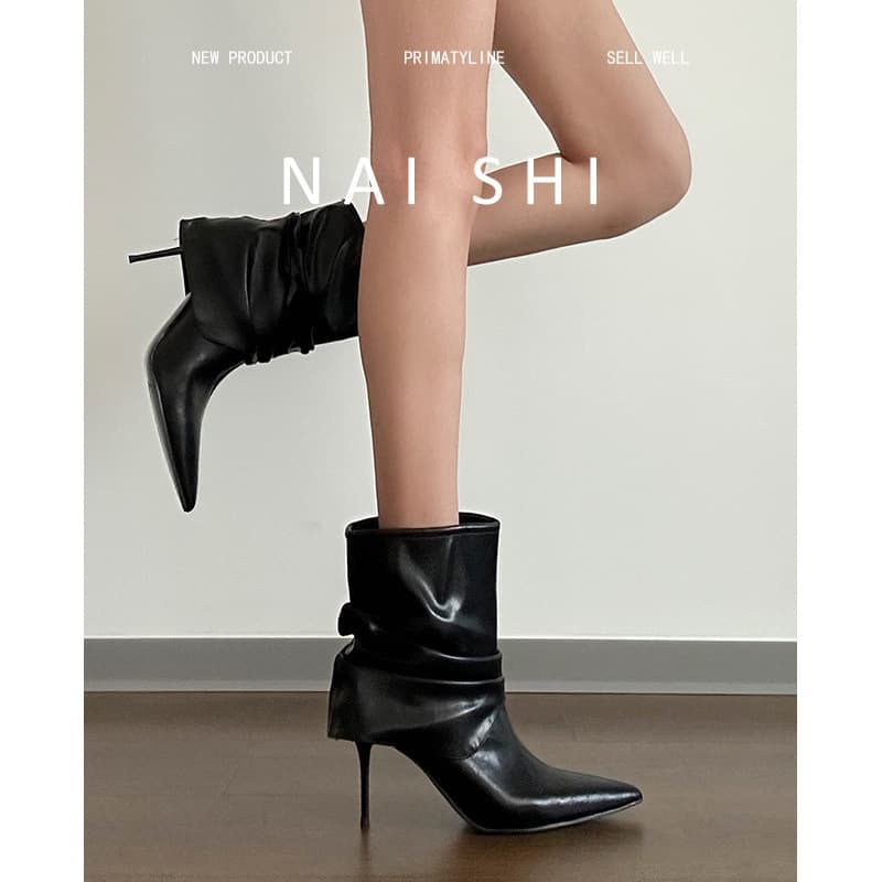 Sheepskin Edition! French Elegant High Heel Boots Stiletto Stacked Bare Boots Women Pointed Toe Black Ankle Boots Crushed Shaft Boots