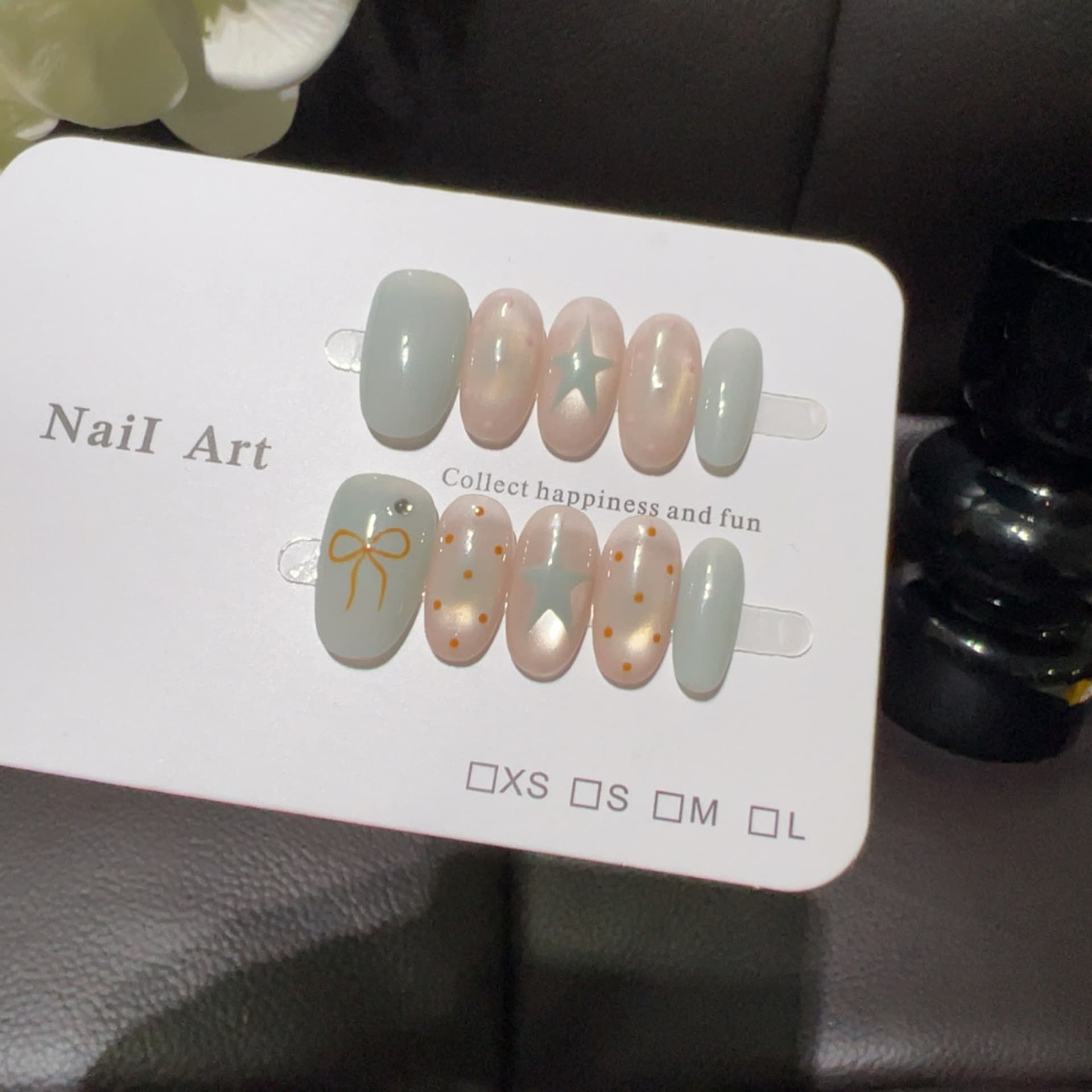Light Peach Green Star Mint Milk Green Star Polka Dot Press-On Nails Fresh Nude Pink Bow Cat Eye Short Style Brightening Effect