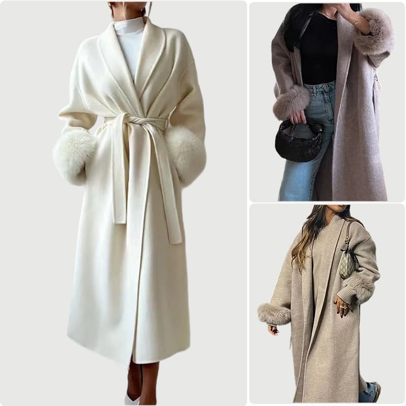 Cross-border 2025 New Autumn/Winter Fashion Casual Long Coat with Fluffy Cuffs, Loose Fit Solid Color Woolen Overcoat