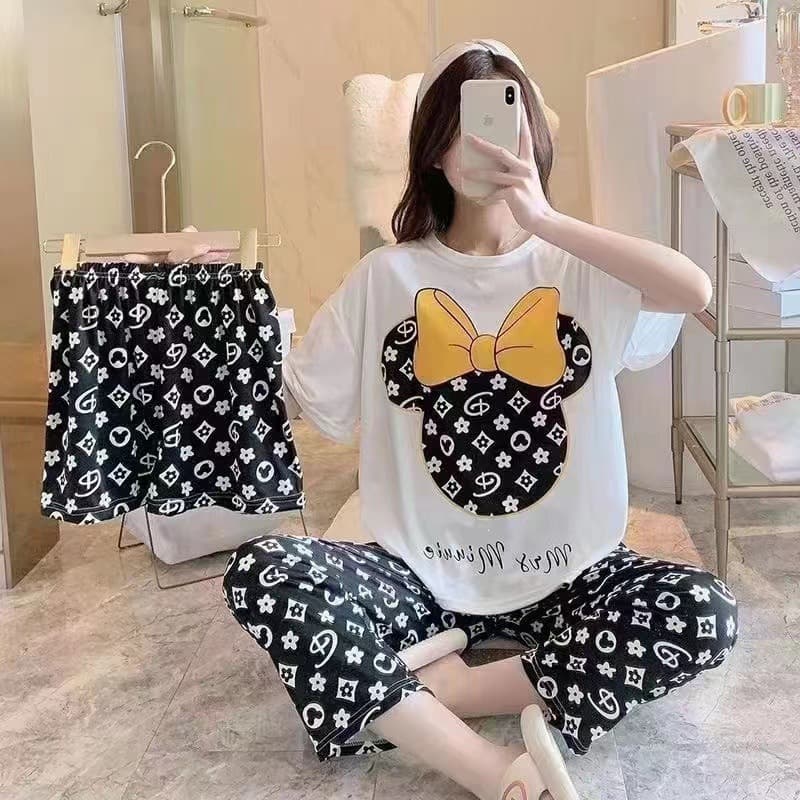 Women's Pajama Set Summer Ins Style Loose Plus Size Short & Long Pants Homewear Wearable Outdoors 3-Piece Set Cartoon