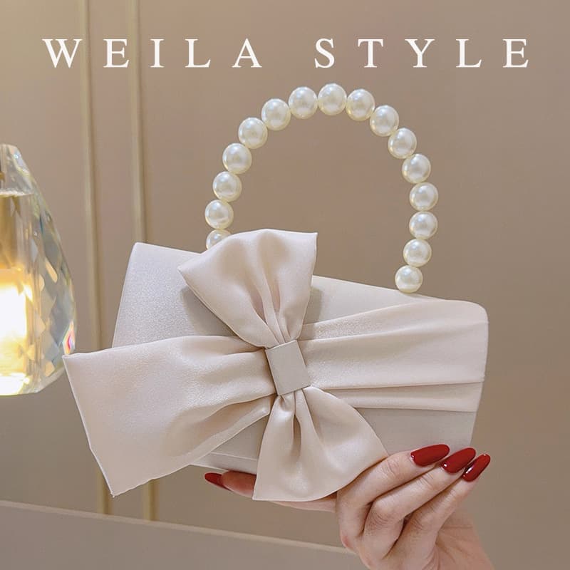 Fashion Satin Handbag Women's Elegant Evening Bag Beaded Bow Crossbody Shoulder Bag