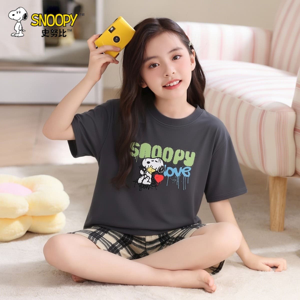 Snoopy Summer Parent-Child Pajamas, Girls' Thin Homewear Set, Breathable Short Sleeve Pajamas, Air Conditioning Wear