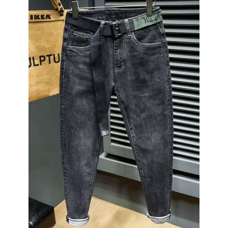 Fleece-Lined Jeans for Men, Slim Tapered Trendy Brand Autumn/Winter Thick Stretch Straight-Leg Korean Style Fashion Versatile Long Pants