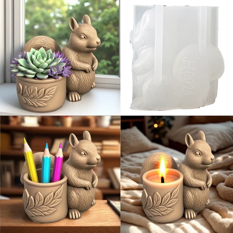 Squirrel Basket Silicone Mold DIY 3D Animal Candle Cup Pen Holder Storage Box Flower Pot Plaster Resin Mold