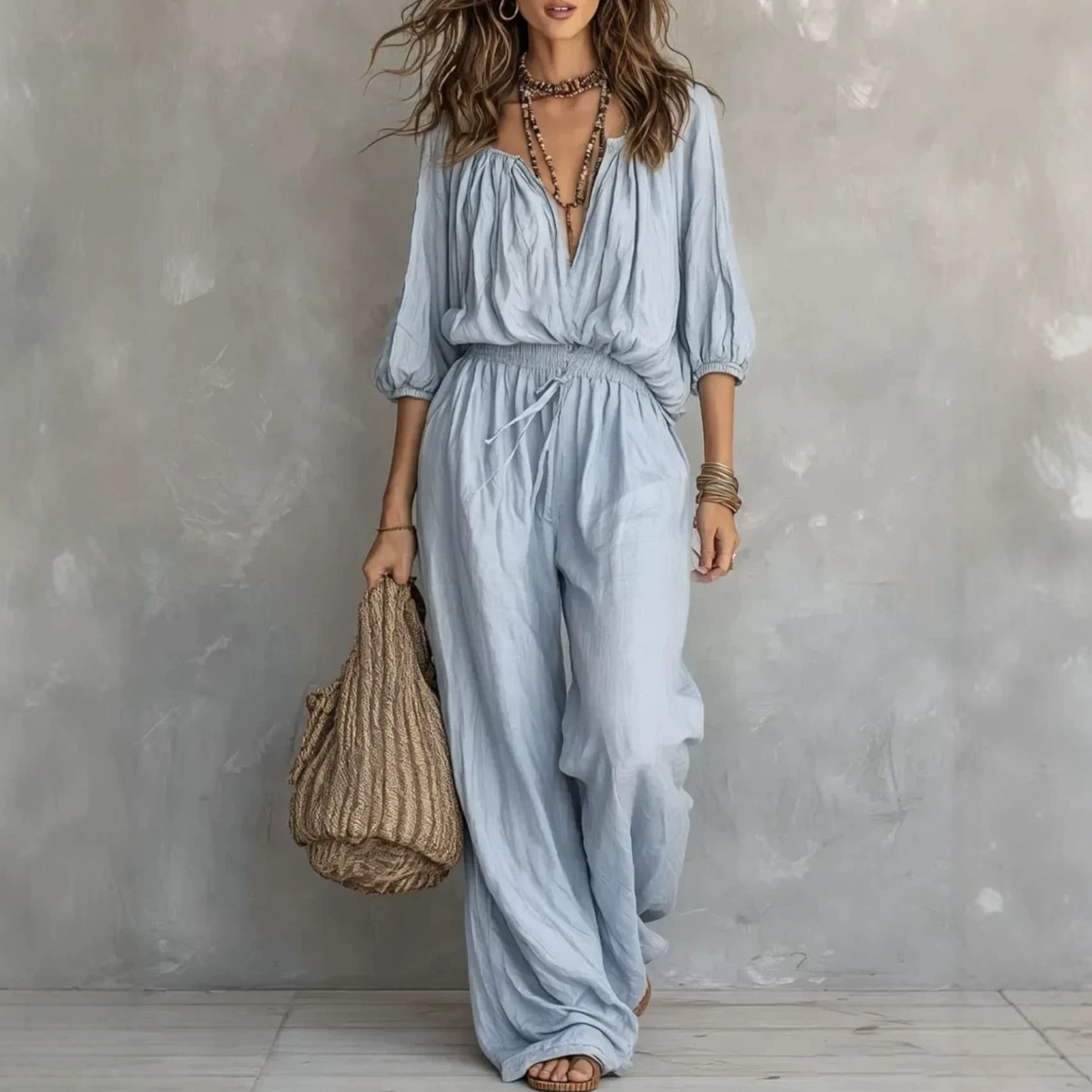 2026 European and American Cross-Border New Fashion Women's Casual Solid V-Neck Top Wide-Leg Long Pants Set