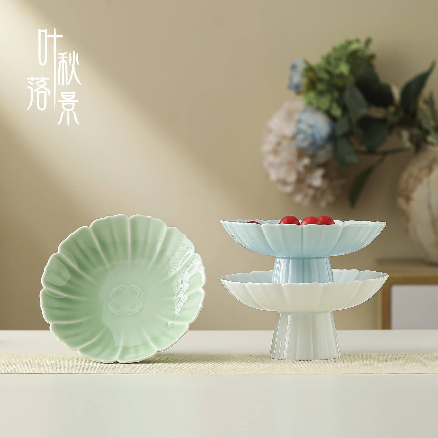 Chinese Ceramic Large High-Foot Tea Snack Plate Serving Tray Fruit Plate Display Plate Dessert Snack Fruit Plate Exquisite High Aesthetic