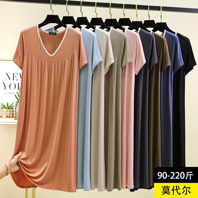 Modal V-Neck Sleep Dress for Women Summer Thin Short Sleeve Maxi Dress Solid Color Home Casual Dress Plus Size Loose Dress