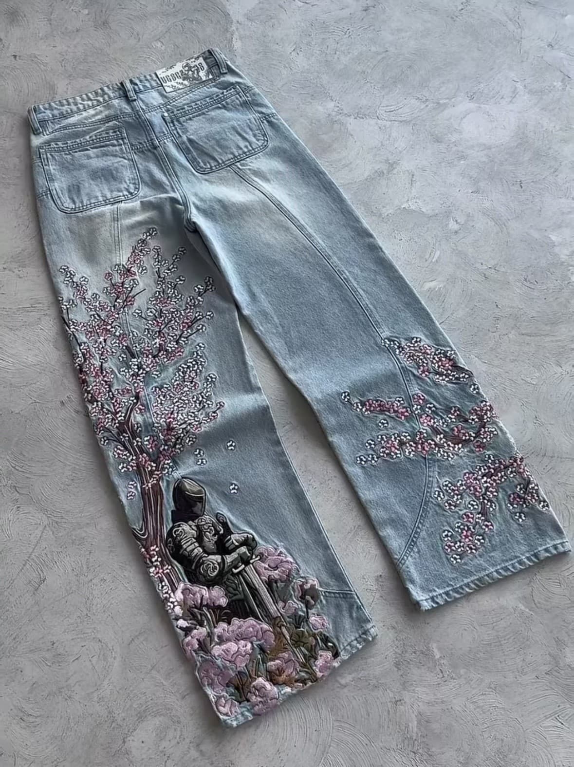 derschutze Export Cross-border European and American Retro Sakura Embroidery Heavy-duty Fashion Street Style Trendy Jeans Wholesale
