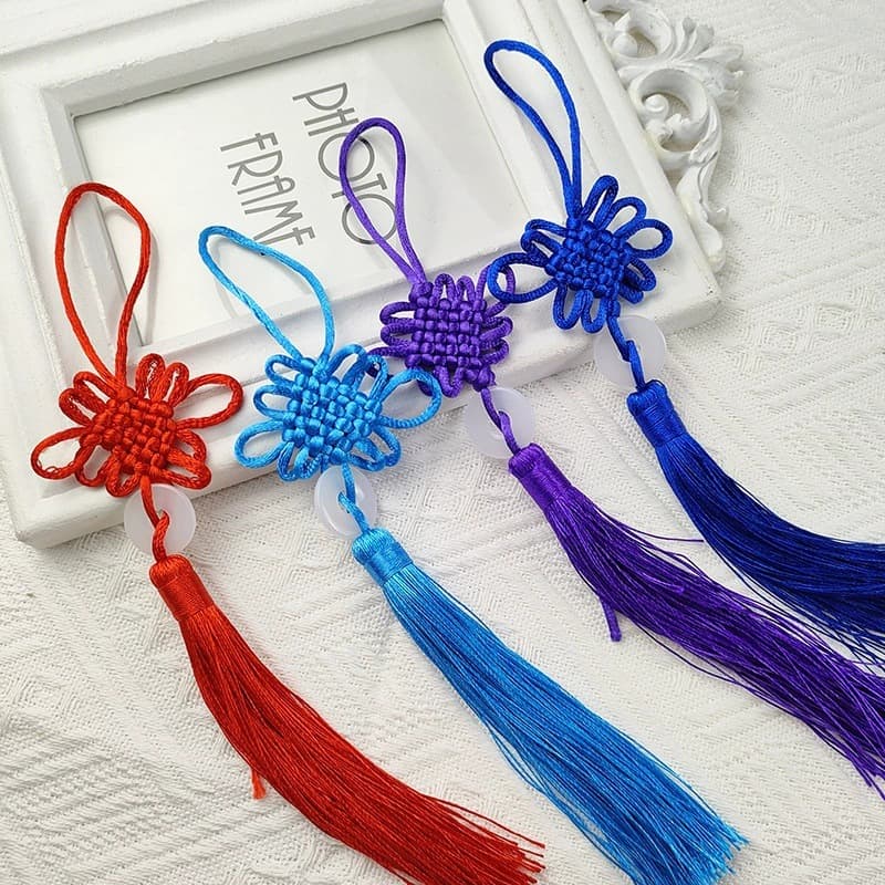 Peace Buckle Jade Piece Chinese Knot Six-Loop Double Victory Knot Tassel Decoration, Clothing Pendant, Handmade Auspicious Knot Pendant