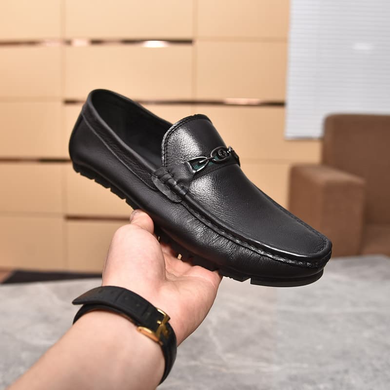 Men's Spring and Autumn Single Layer Cowhide Flat Casual Low-Top Extra Soft Genuine Leather Black Solid Color Round Toe Loafers