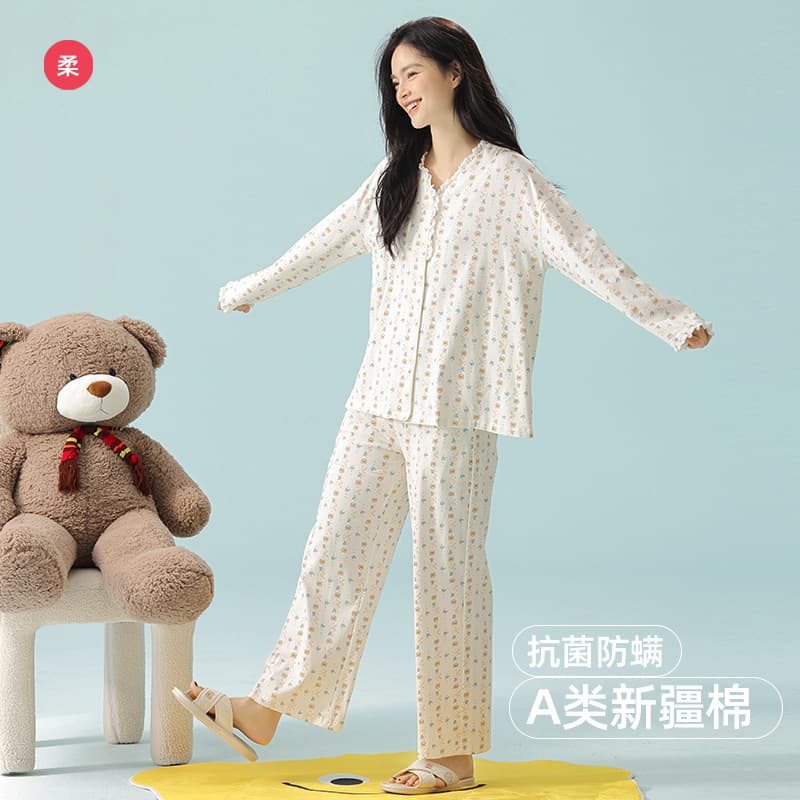 [7A Antibacterial] Class A Spring/Autumn Summer Pajamas for Women, Pure Cotton Long Sleeve Thin High-Quality Homewear Set Plus Size