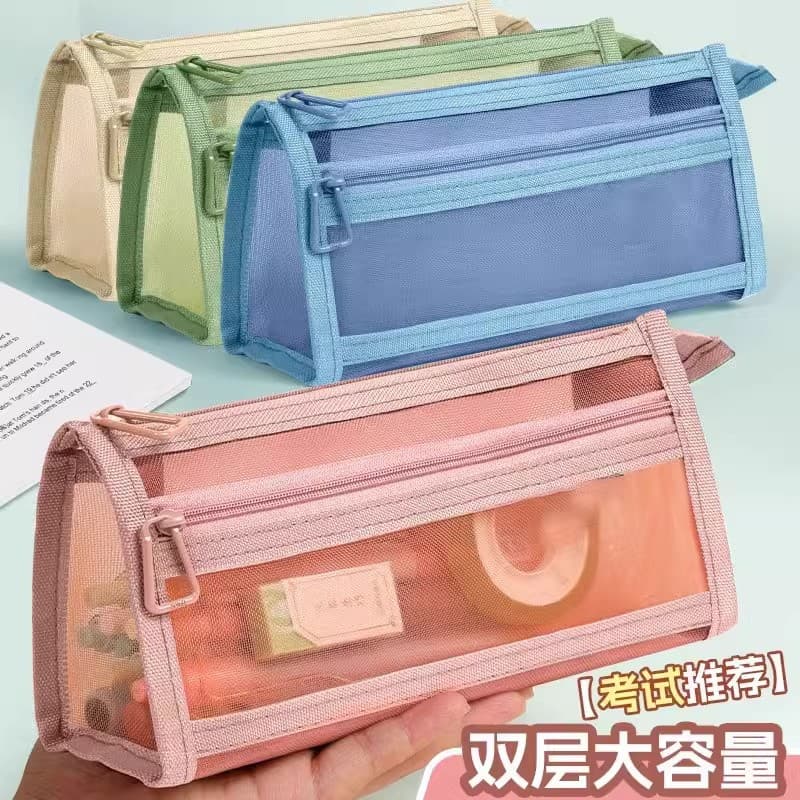 Double-layer transparent mesh large-capacity pencil case, exam-specific new style, minimalist mesh double-layer high-appearance pencil organizer