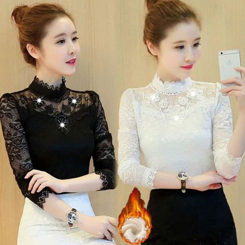 Autumn/Winter Long-Sleeve Lace Top for Women, Korean Style Base Layer, Plus Size Slim Fit Fleece-Lined Versatile Mesh T-Shirt Blouse