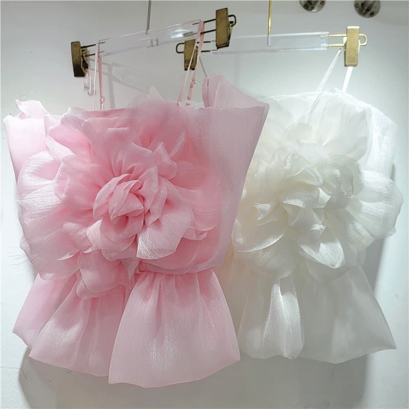Sweet 3D Rose Decoration Fashionable Fitted Mesh Camisole Top for Women Summer Sleeveless Youthful Slimming Blouse Trendy