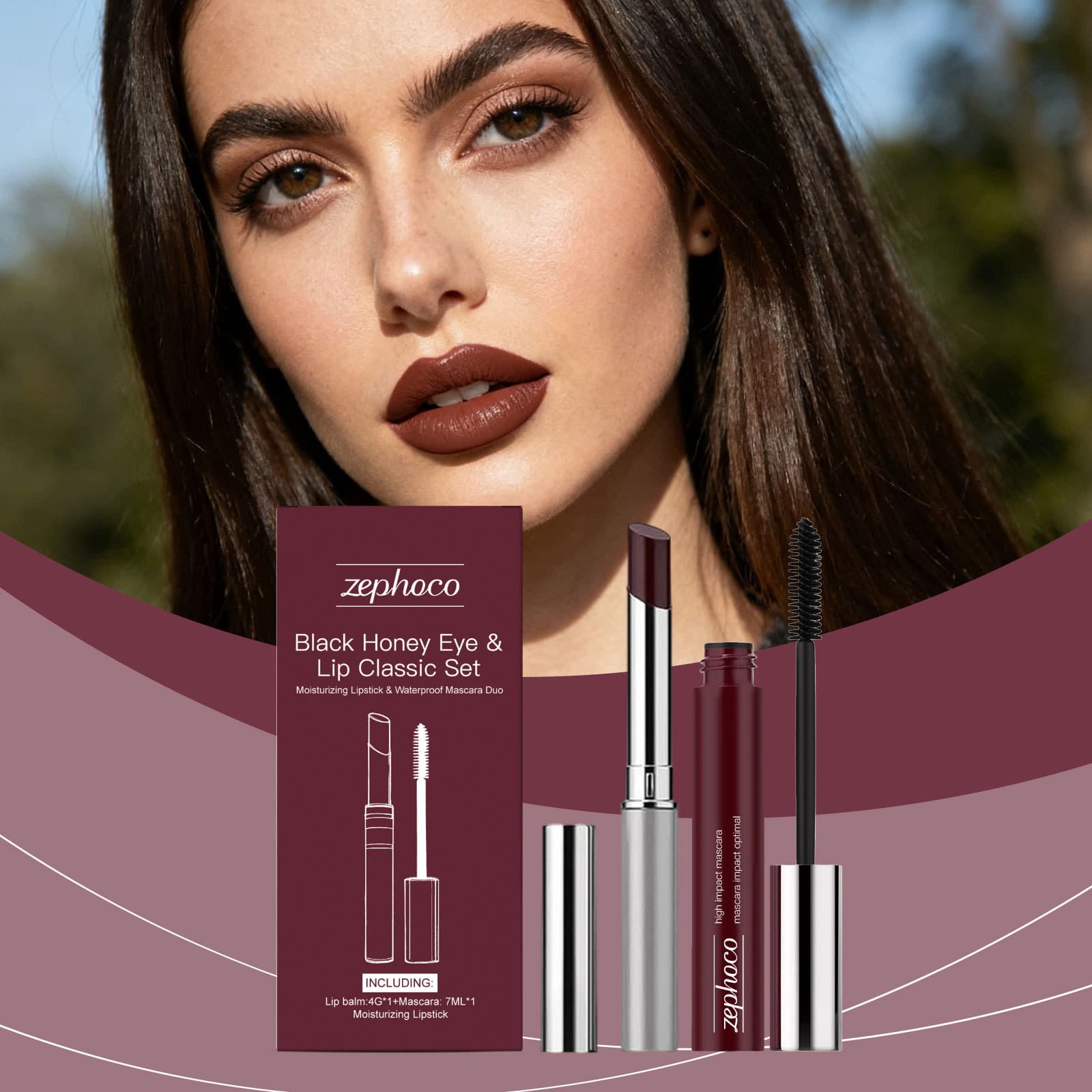 Black Honey Eye & Lip Classic Set (Black Mascara) Moisturizing Glossy Lipstick & Curling Mascara Makeup Cosmetics