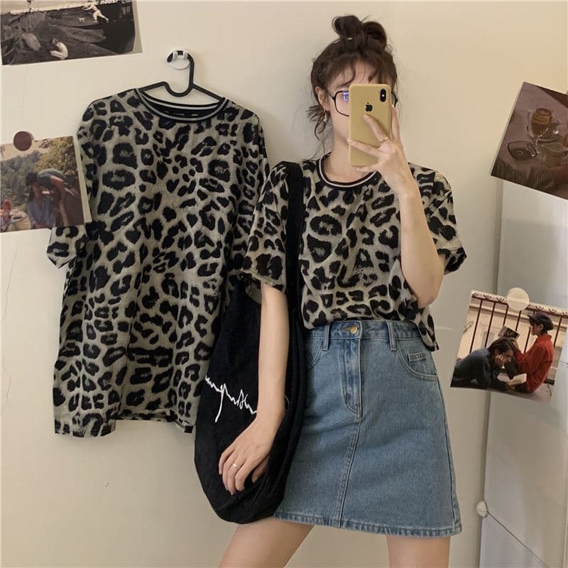 Wholesale 2022 Summer Mid-length Leopard Print T-shirt Short Sleeve Women's High Waist Hong Kong Flavor Trendy Internet Popular Large Edition Loose Top Trendy